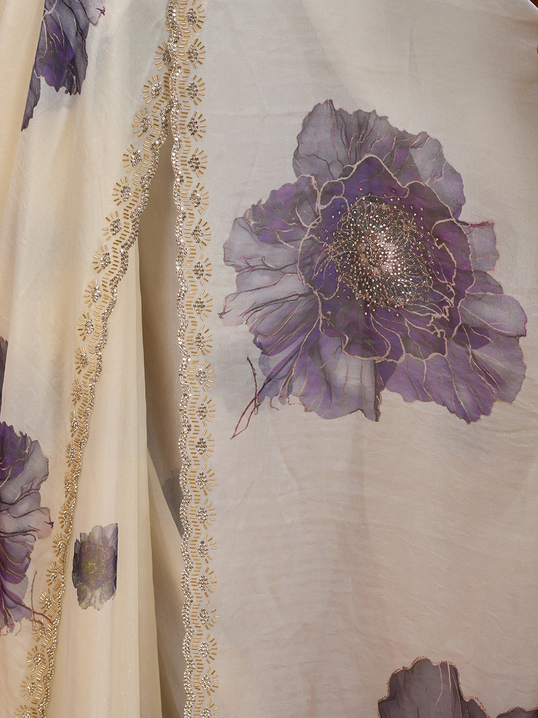 Cream Stonework (Gold) Tissue Saree