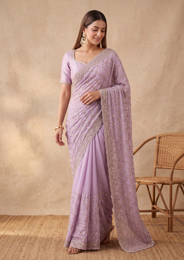 Lavender Tissue Cutdana Saree With Matching Blouse Piece