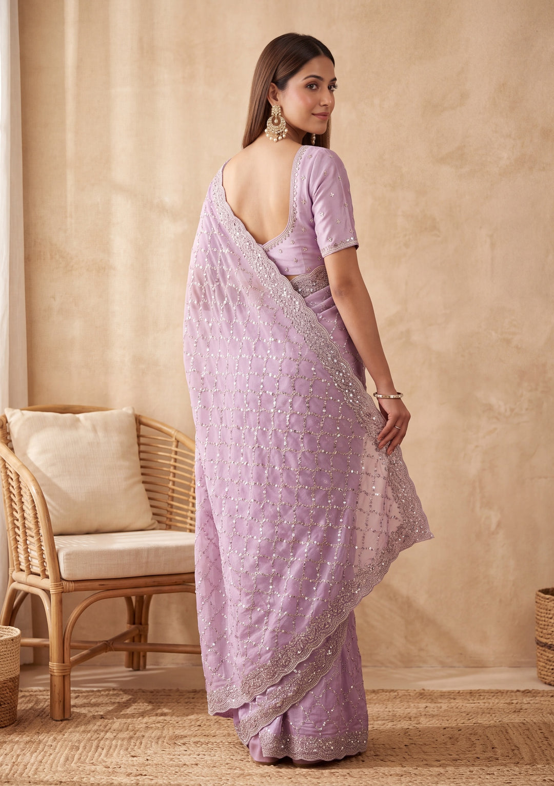Lavender Tissue Cutdana Saree With Matching Blouse Piece