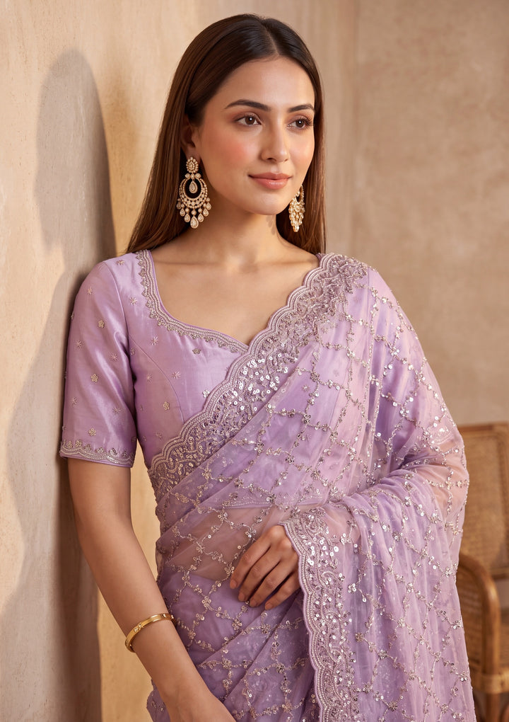 Lavender Tissue Cutdana Saree With Matching Blouse Piece