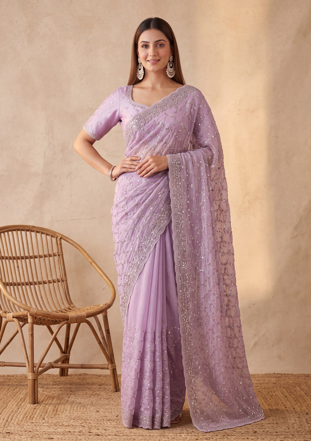 Lavender Tissue Cutdana Saree With Matching Blouse Piece