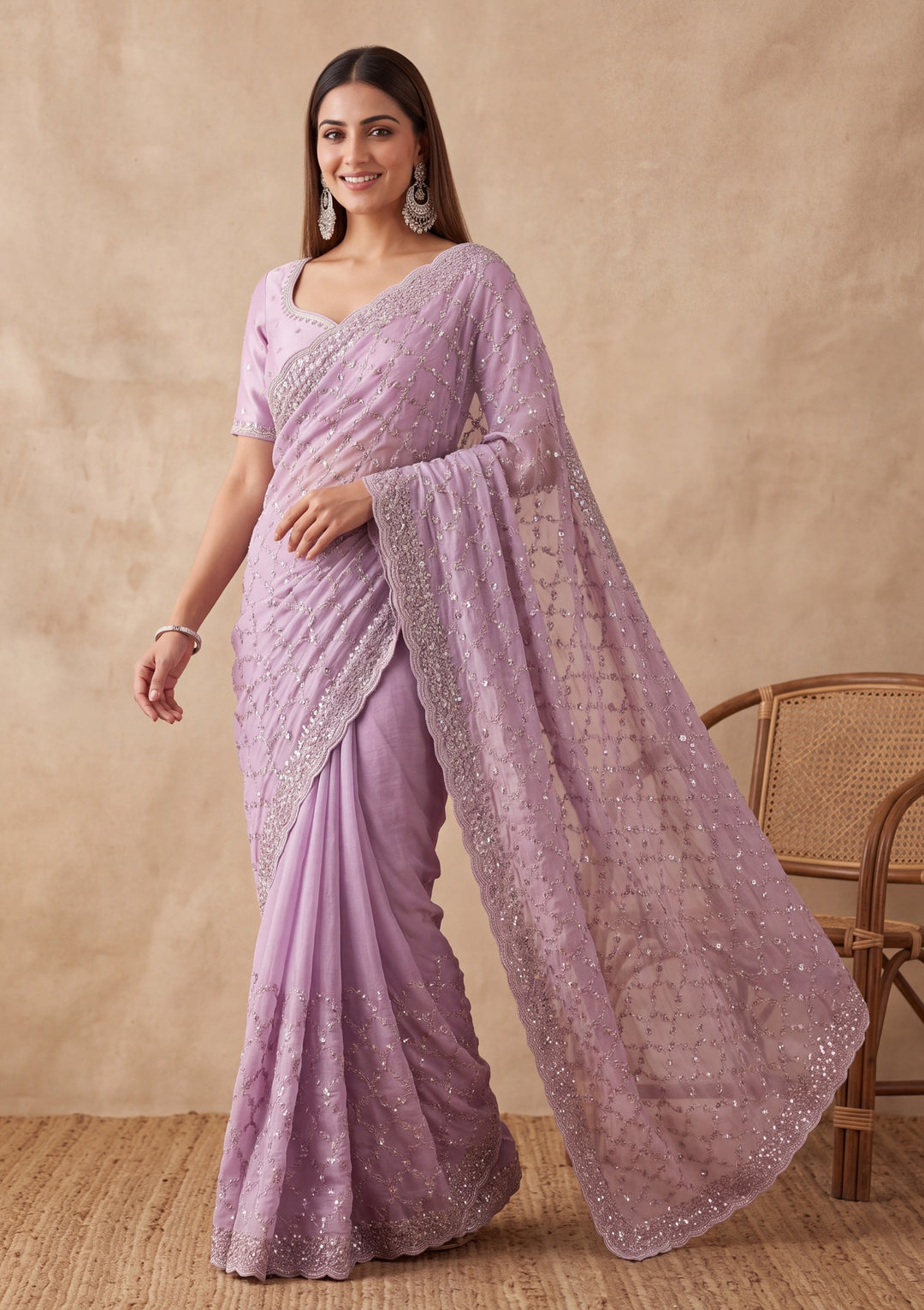 Lavender Tissue Cutdana Saree With Matching Blouse Piece