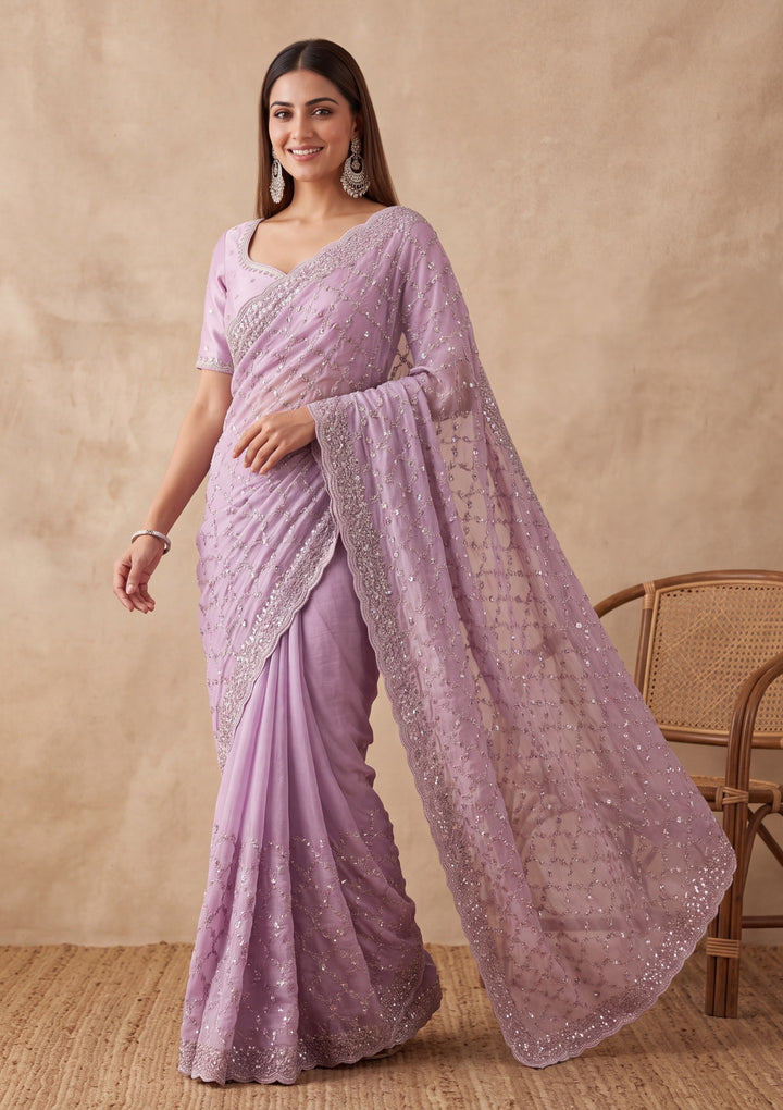 Lavender Tissue Cutdana Saree With Matching Blouse Piece