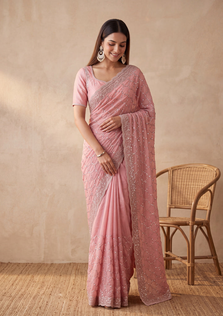 Pink Tissue Cutdana Saree With Matching Blouse Piece