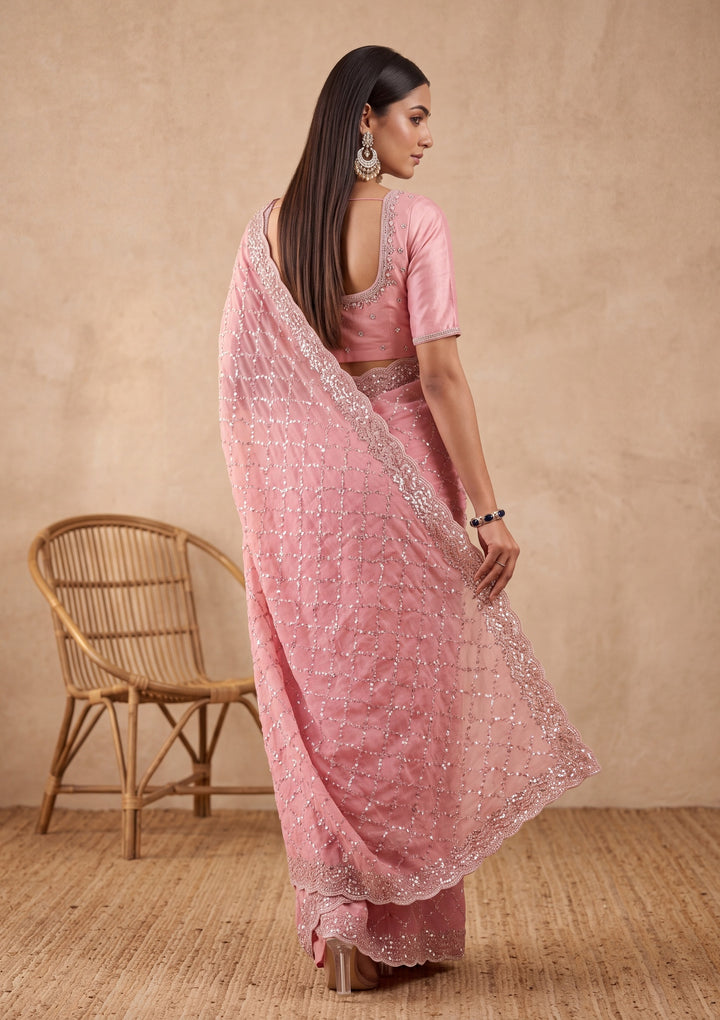 Pink Tissue Cutdana Saree With Matching Blouse Piece
