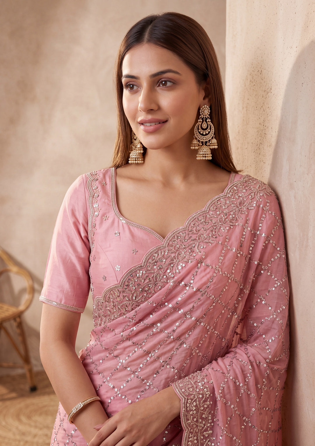 Pink Tissue Cutdana Saree With Matching Blouse Piece