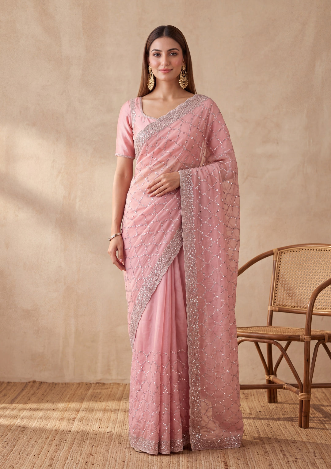 Pink Tissue Cutdana Saree With Matching Blouse Piece
