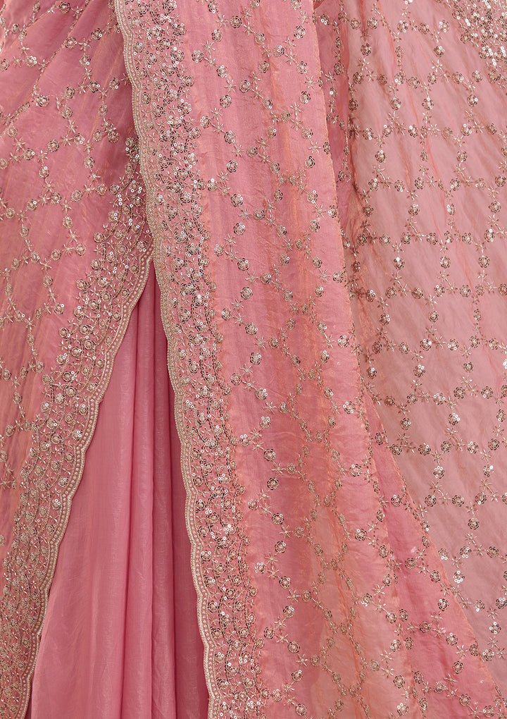 Pink Tissue Cutdana Saree With Matching Blouse Piece