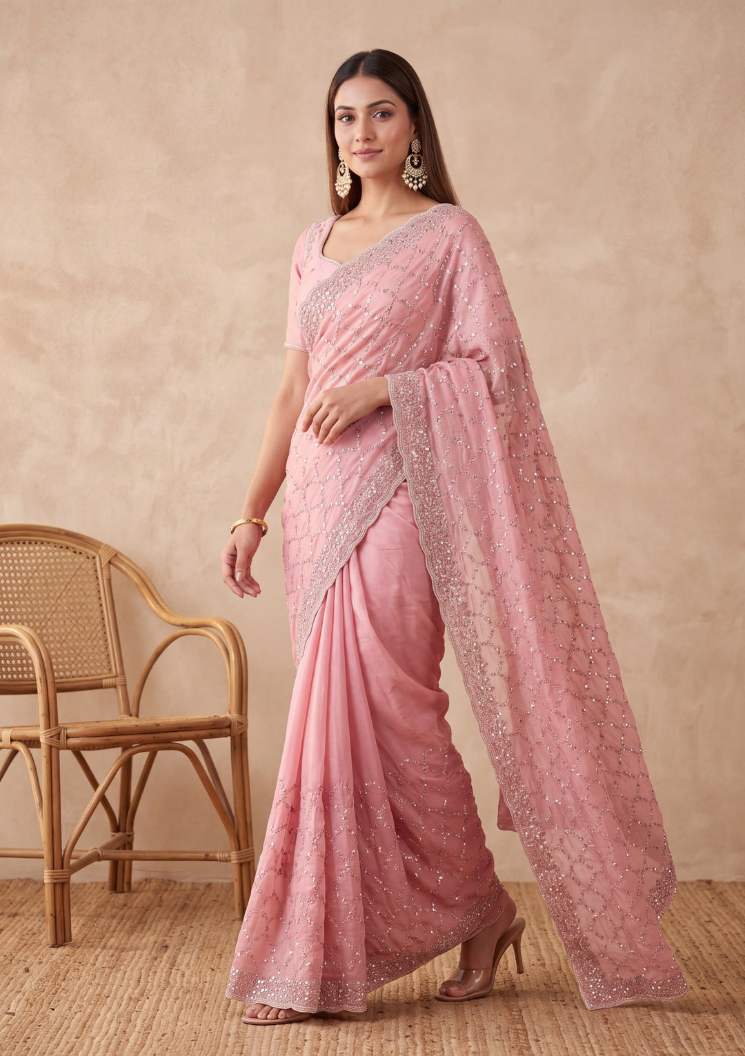 Pink Tissue Cutdana Saree With Matching Blouse Piece