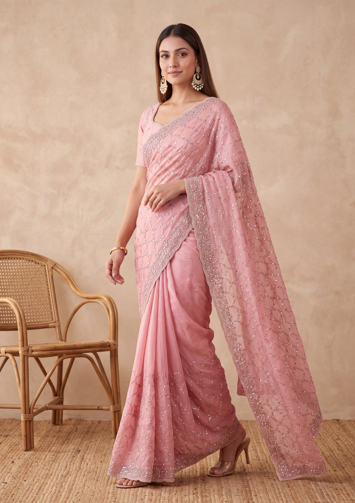 Pink Tissue Cutdana Saree With Matching Blouse Piece