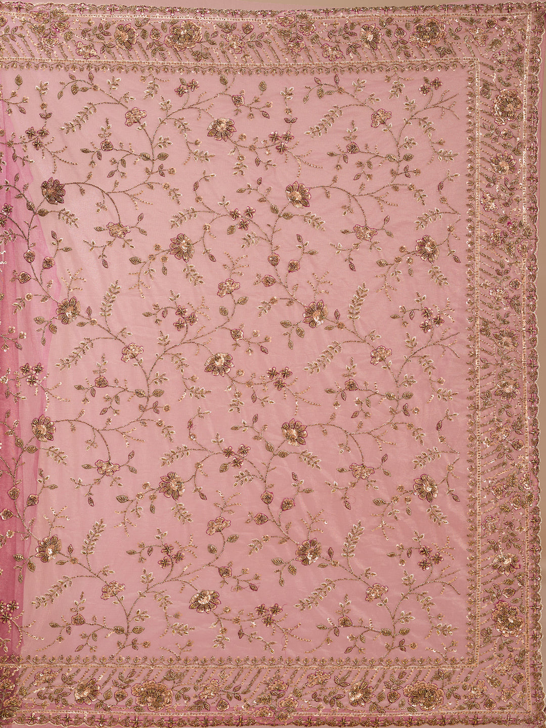 Pink Net Cording Saree With Matching Blouse Piece