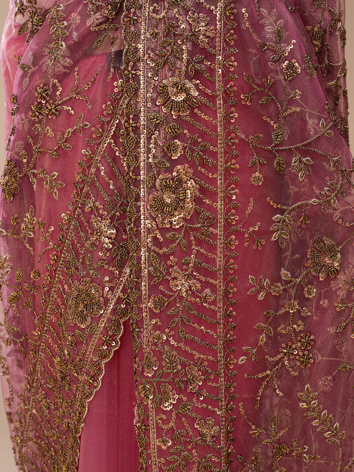 Pink Net Cording Saree With Matching Blouse Piece