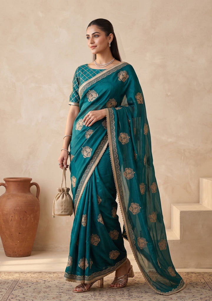 Peacock Blue Zariwork (Gold) Satin Saree