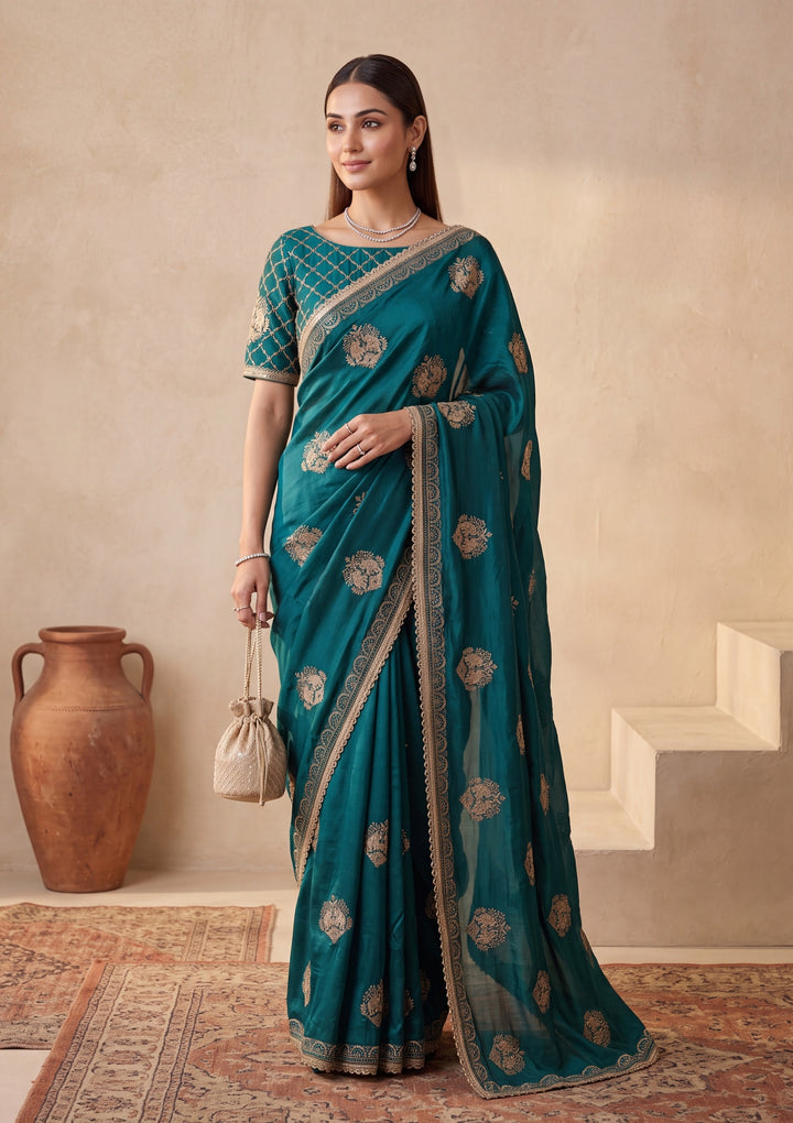 Peacock Blue Zariwork (Gold) Satin Saree