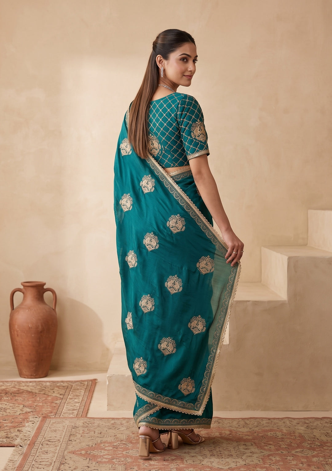 Peacock Blue Zariwork (Gold) Satin Saree