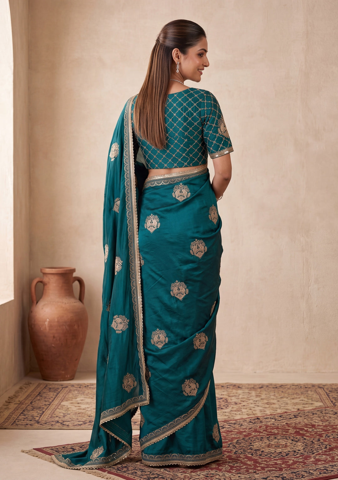 Peacock Blue Zariwork (Gold) Satin Saree