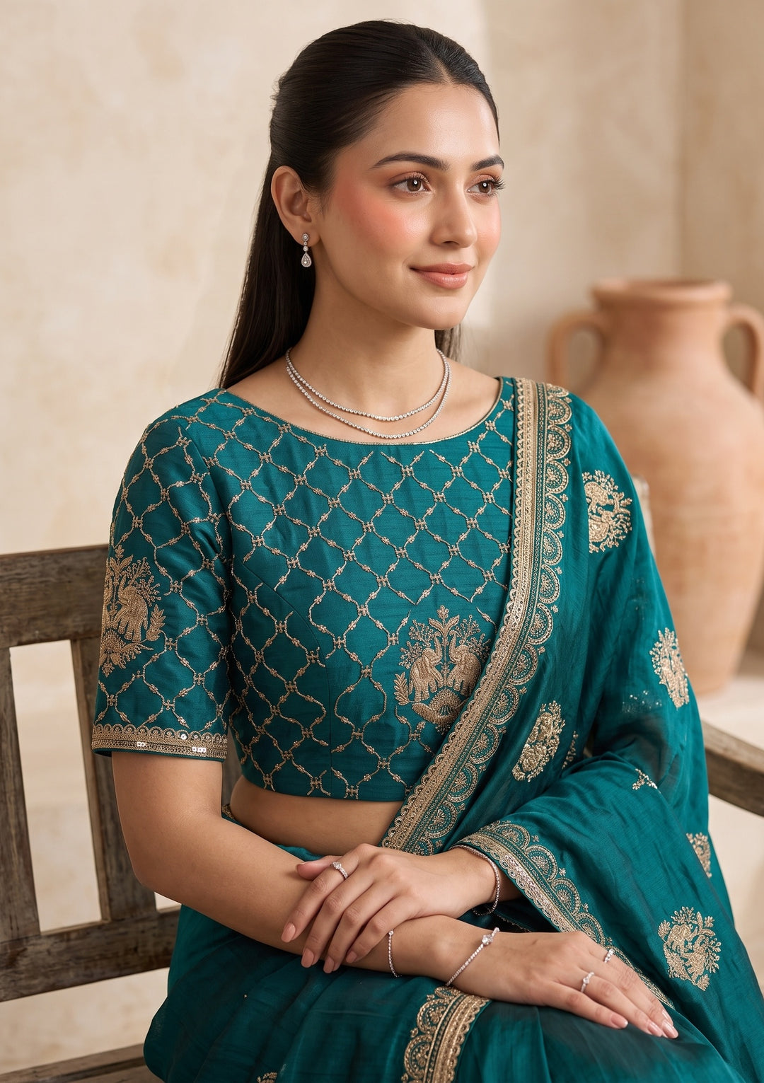 Peacock Blue Zariwork (Gold) Satin Saree