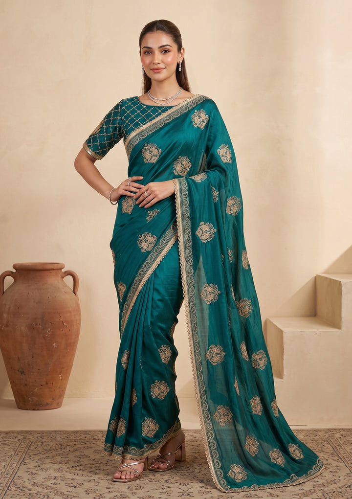 Peacock Blue Zariwork (Gold) Satin Saree