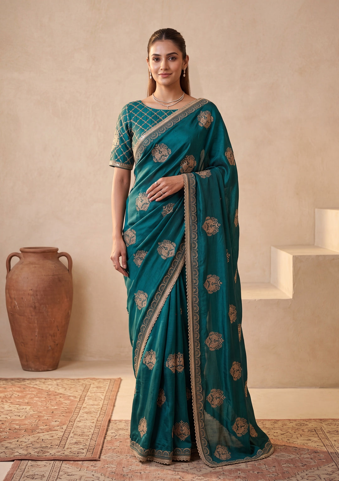 Peacock Blue Zariwork (Gold) Satin Saree