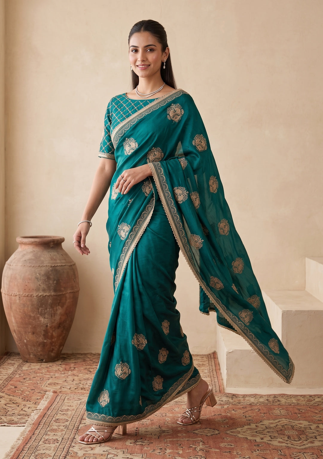 Peacock Blue Zariwork (Gold) Satin Saree