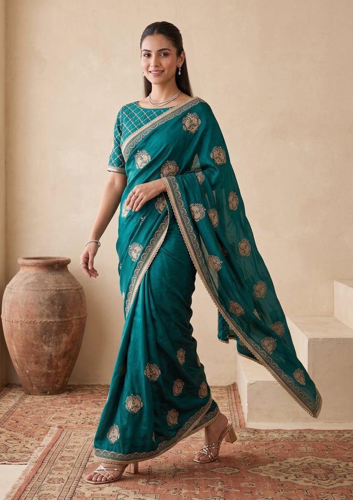 Peacock Blue Zariwork (Gold) Satin Saree