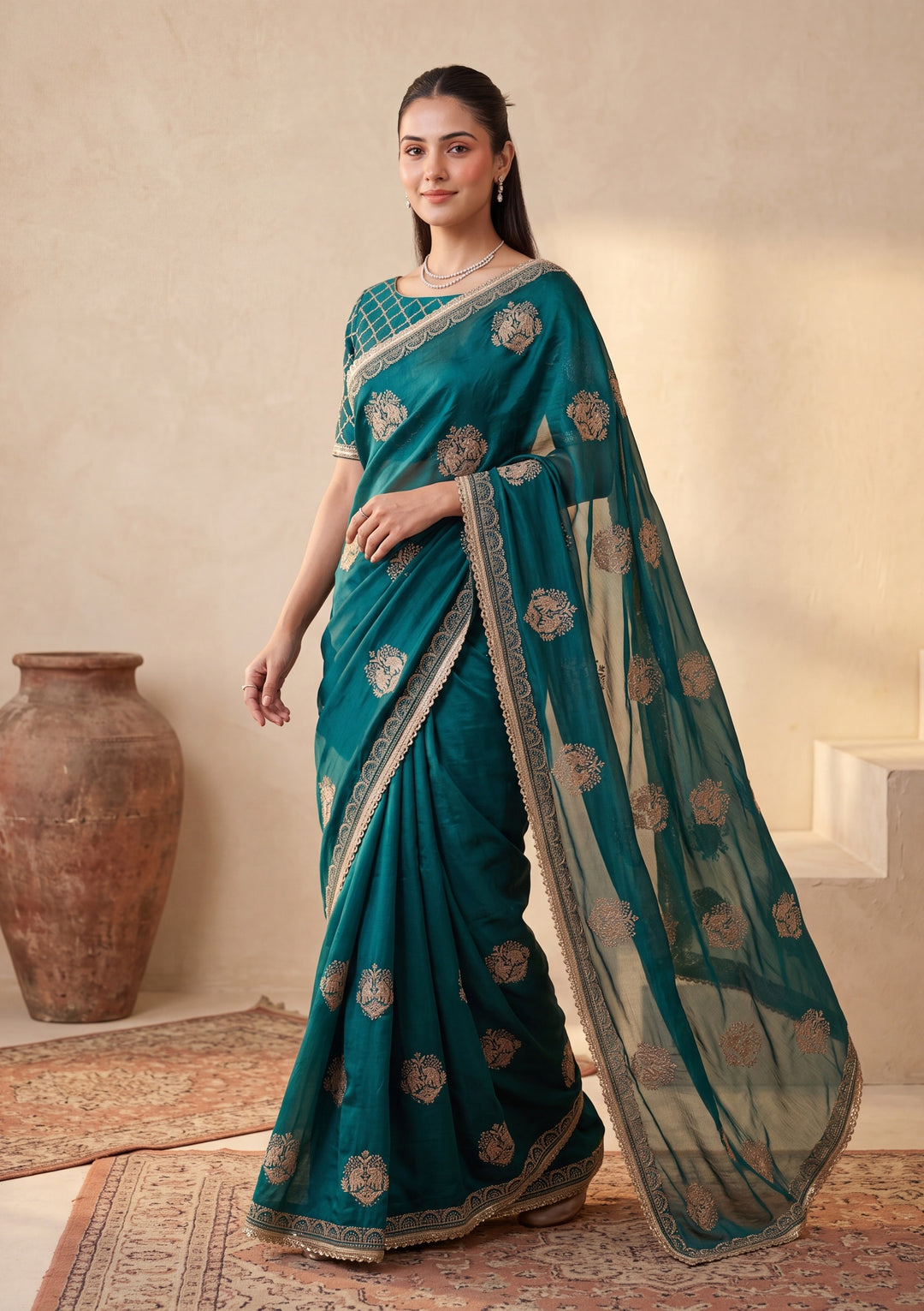 Peacock Blue Zariwork (Gold) Satin Saree