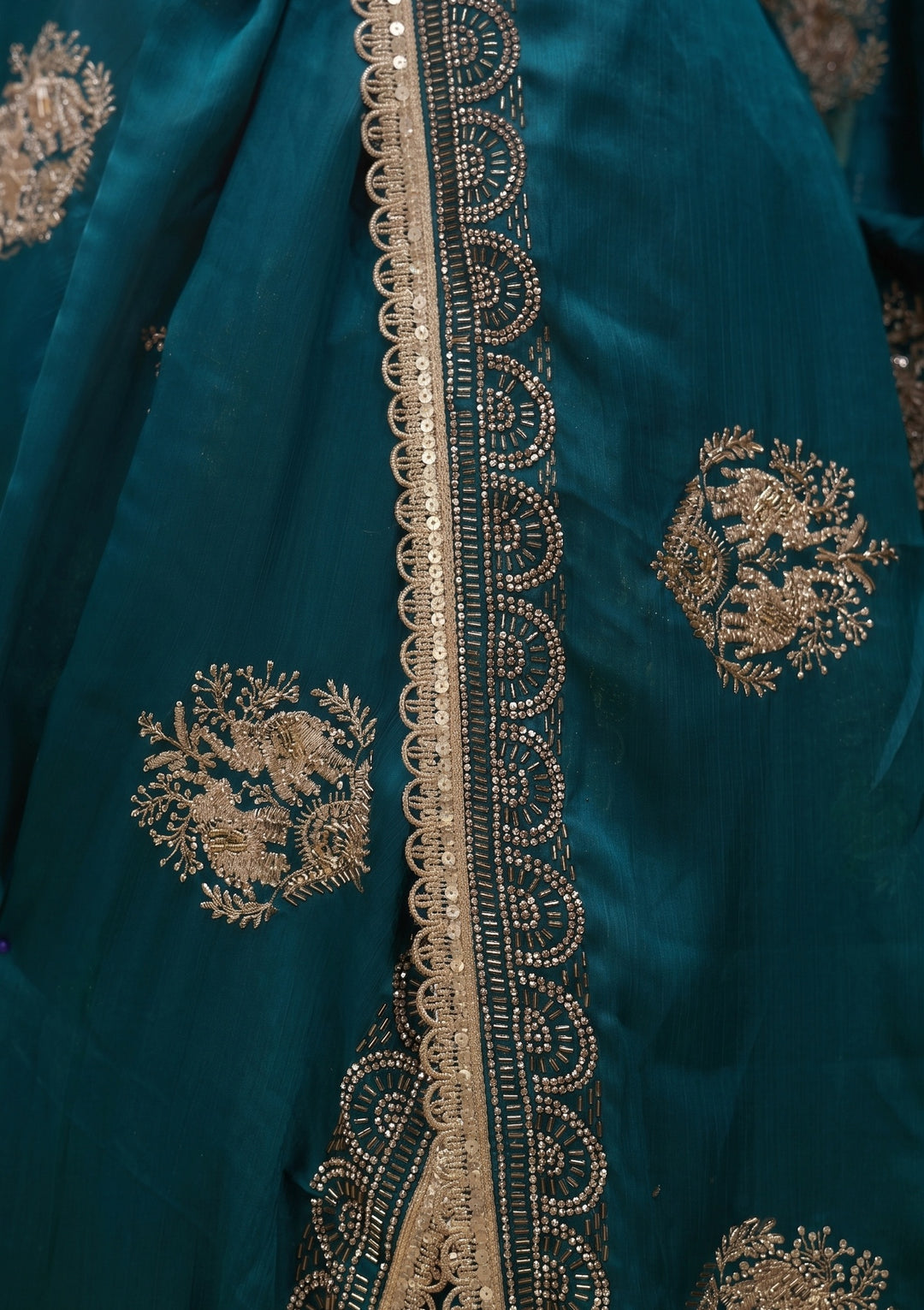 Peacock Blue Zariwork (Gold) Satin Saree