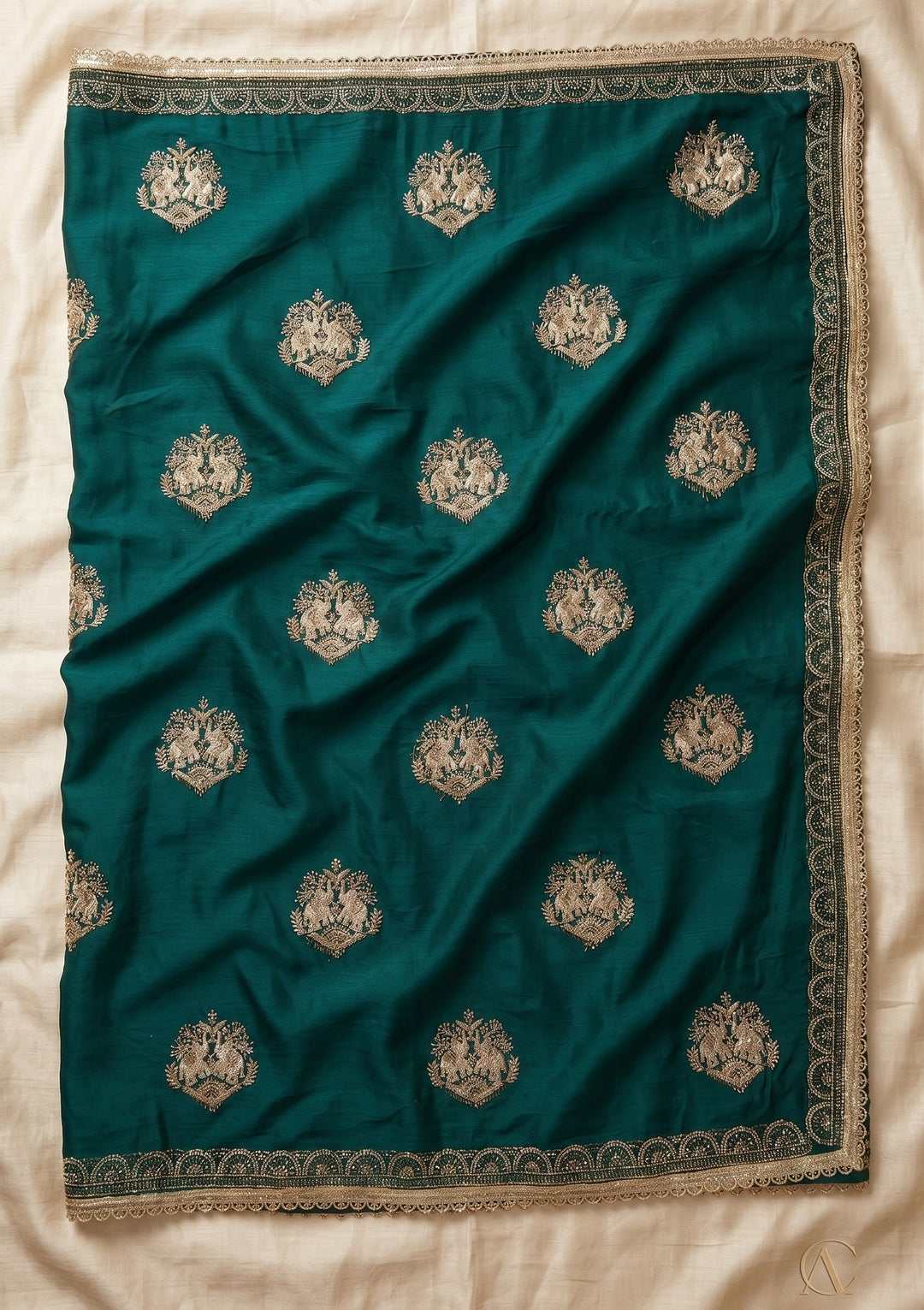 Peacock Blue Zariwork (Gold) Satin Saree