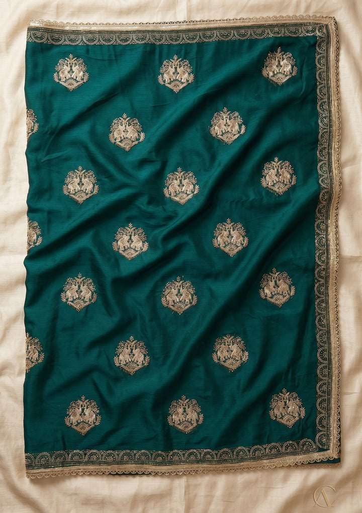 Peacock Blue Zariwork (Gold) Satin Saree