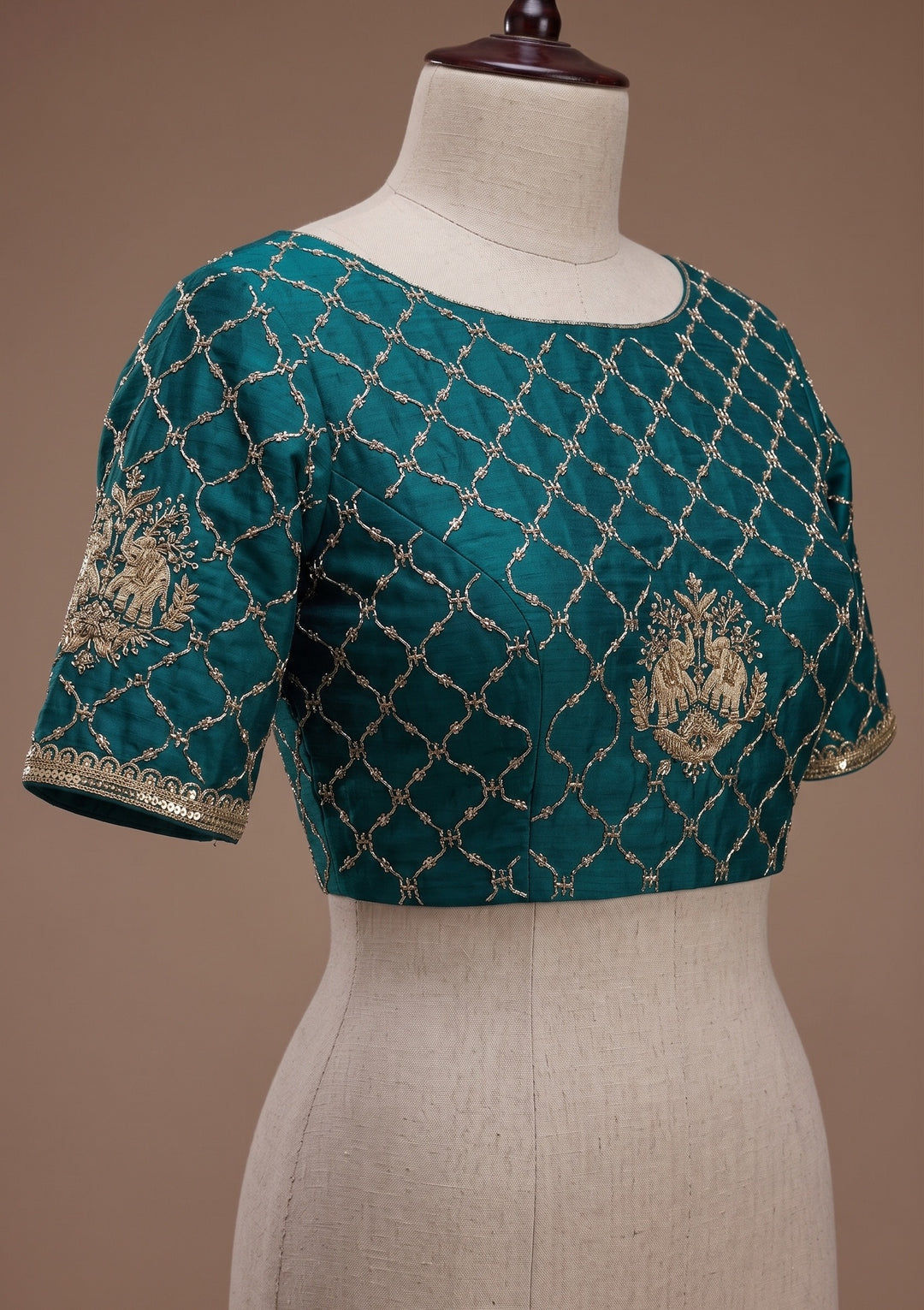 Peacock Blue Zariwork (Gold) Satin Saree