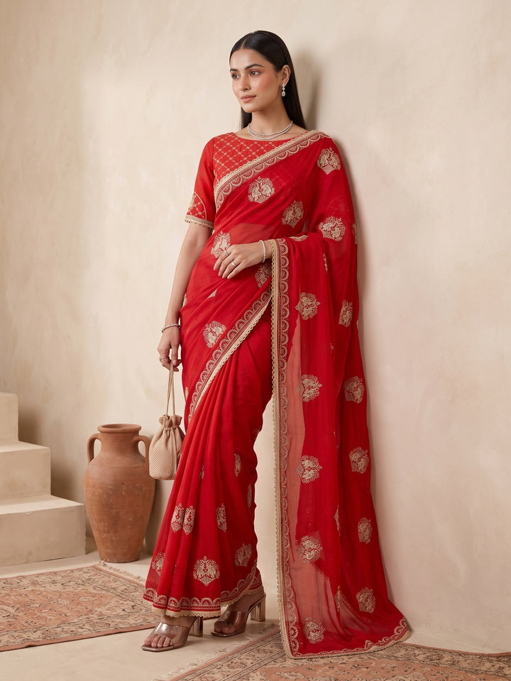 Red Zariwork (Gold) Satin Saree