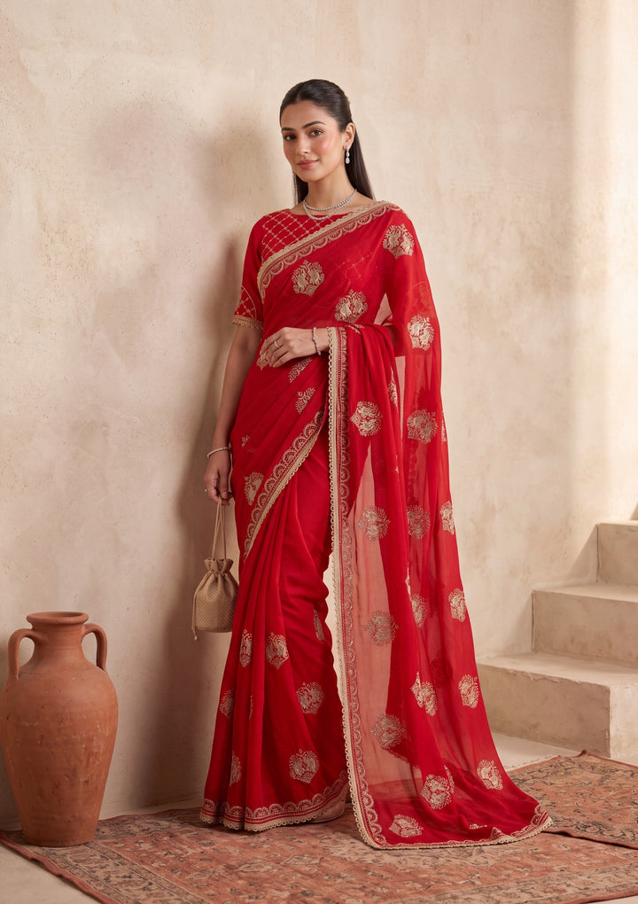 Red Zariwork (Gold) Satin Saree