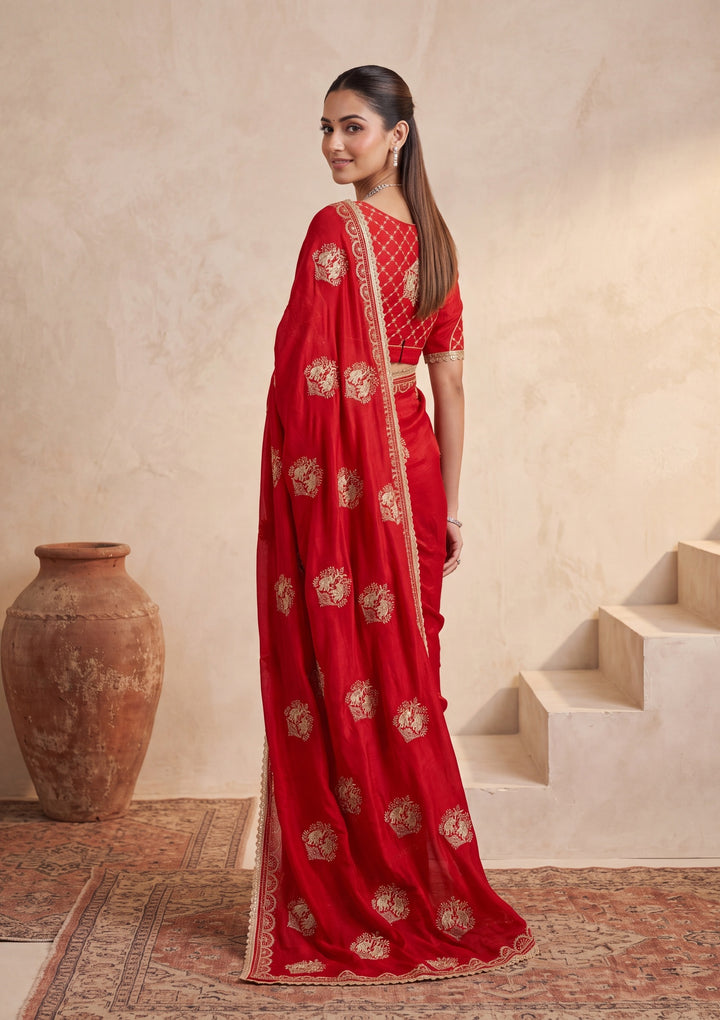 Red Zariwork (Gold) Satin Saree