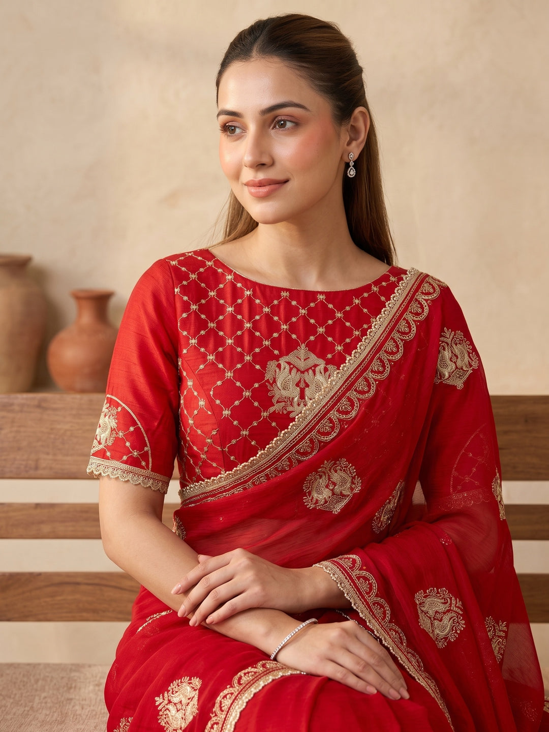 Red Zariwork (Gold) Satin Saree