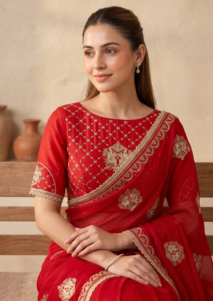 Red Zariwork (Gold) Satin Saree
