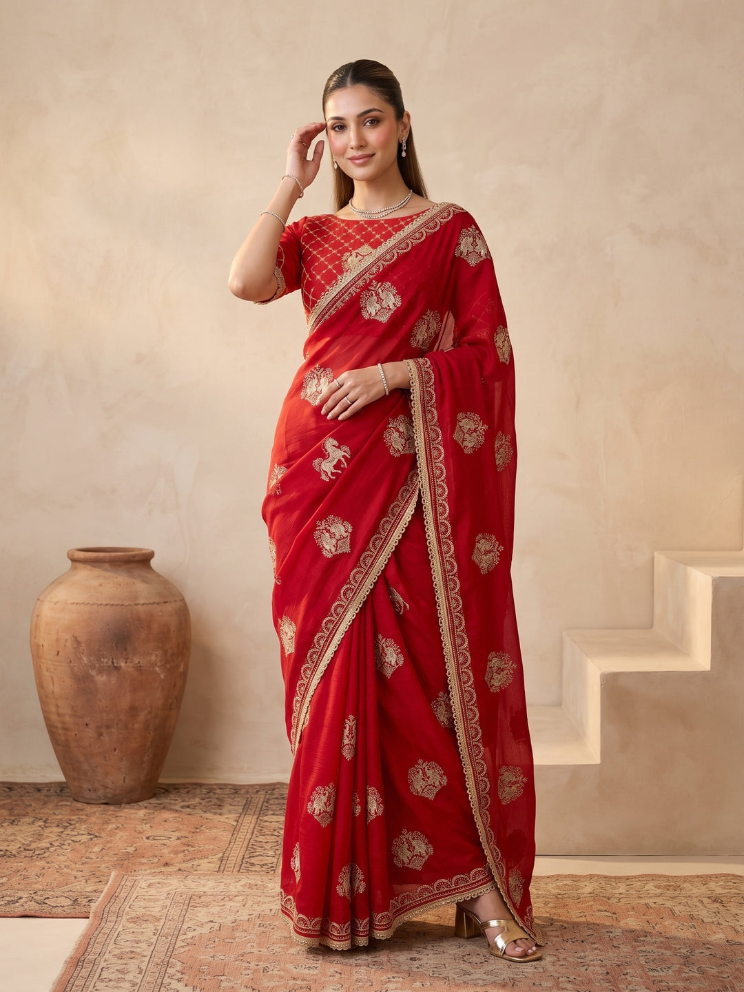 Red Zariwork (Gold) Satin Saree