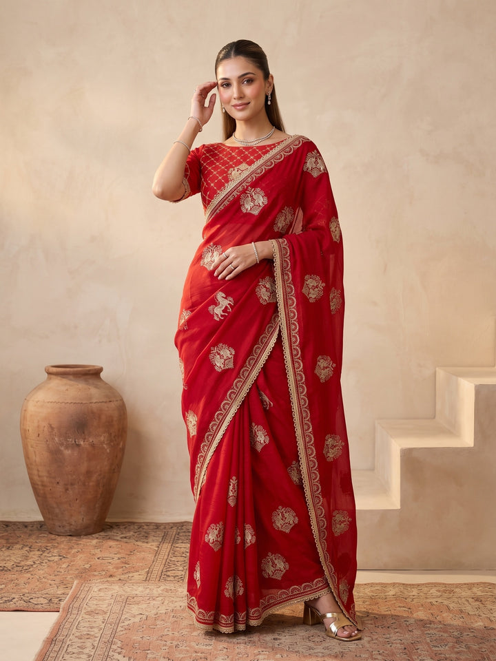 Red Zariwork (Gold) Satin Saree