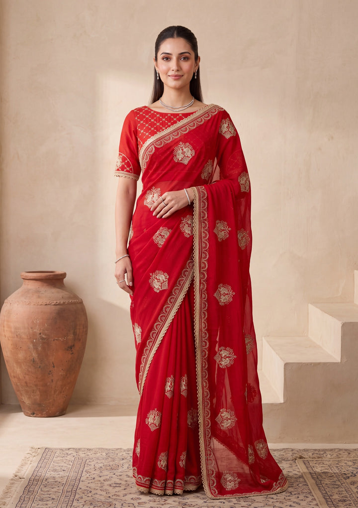Red Zariwork (Gold) Satin Saree