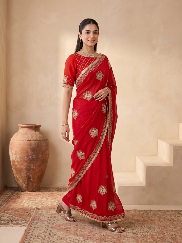 Red Zariwork (Gold) Satin Saree