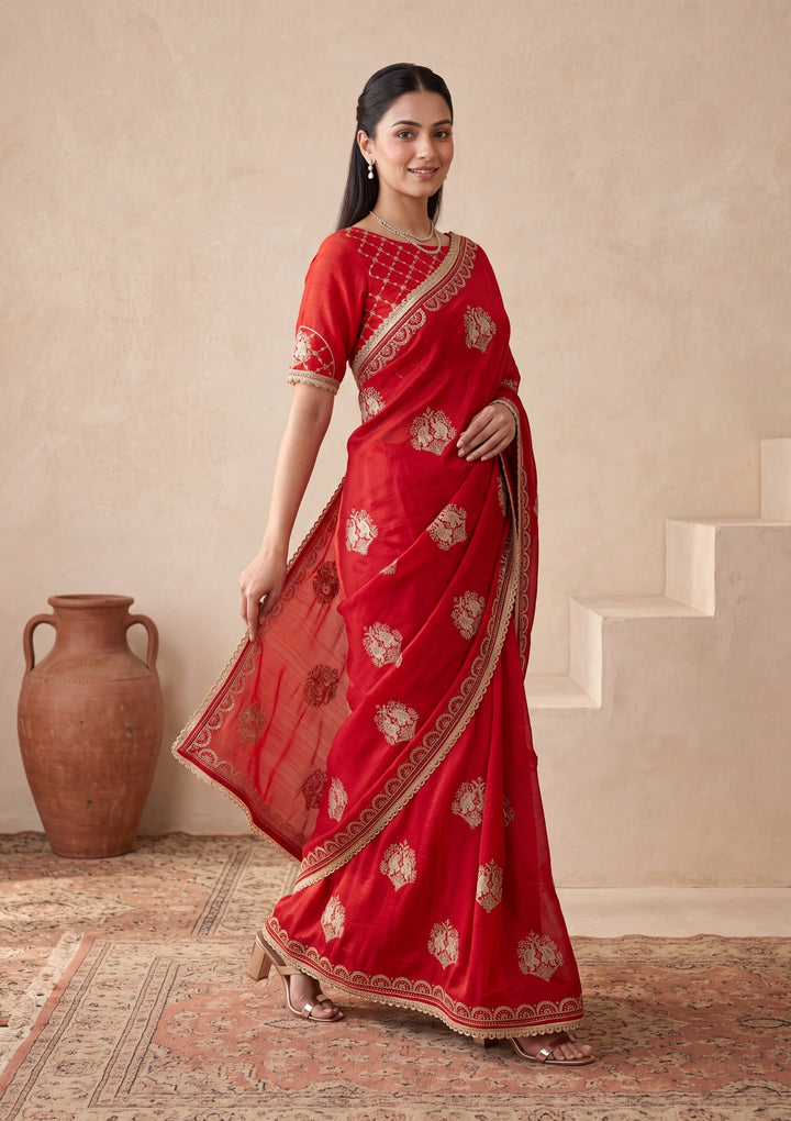 Red Zariwork (Gold) Satin Saree