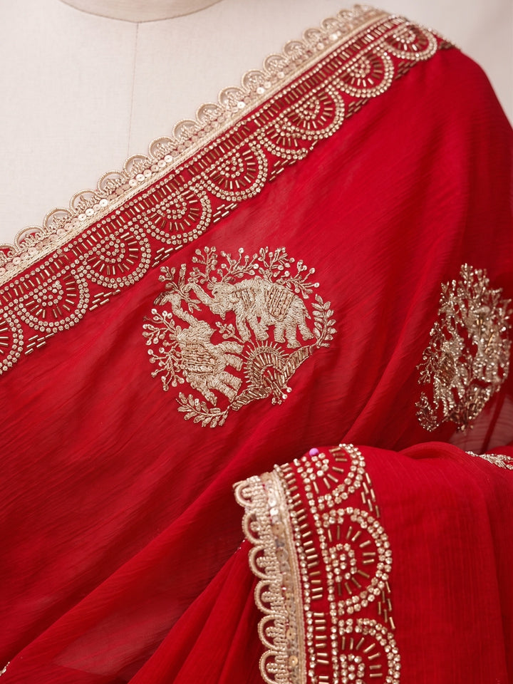 Red Zariwork (Gold) Satin Saree