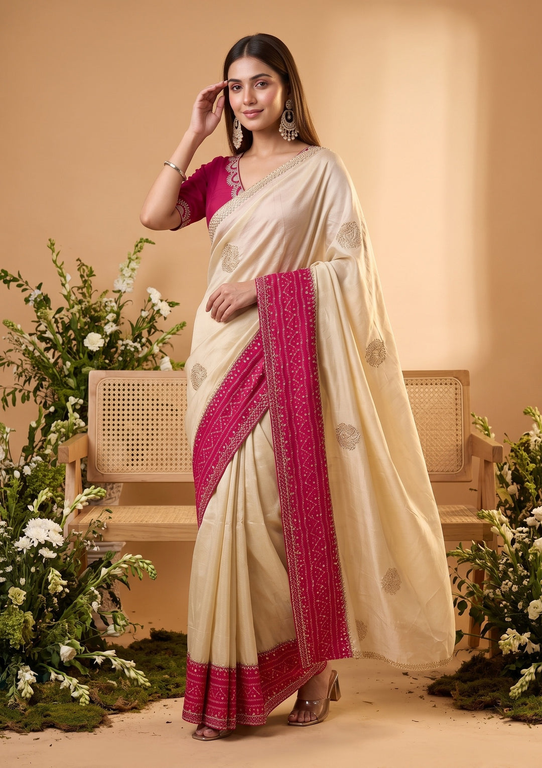 Beige Cutdana Tissue Saree