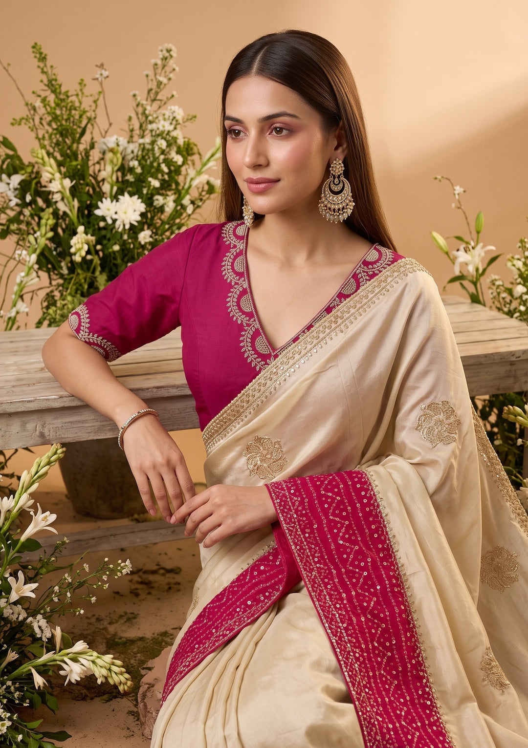 Beige Cutdana Tissue Saree