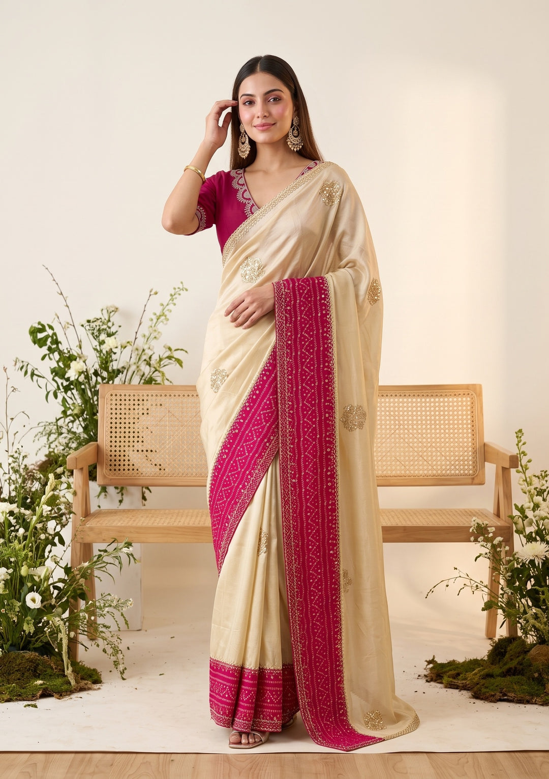 Beige Cutdana Tissue Saree