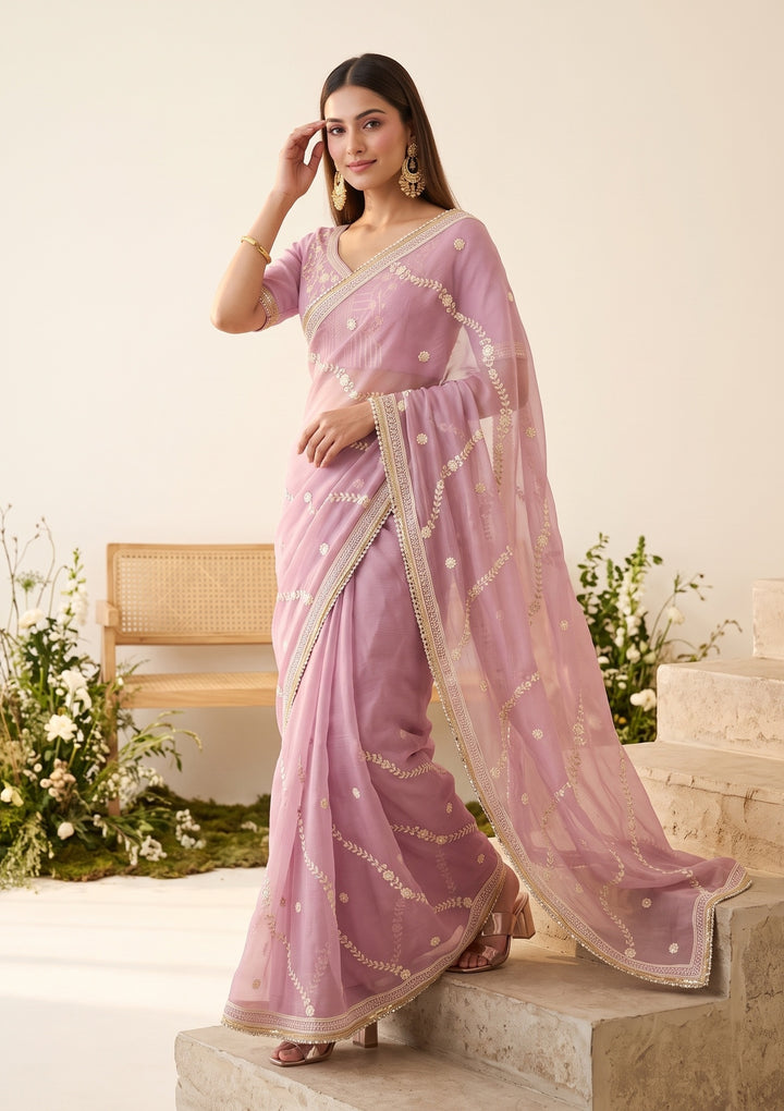 Lavender Threadwork Georgette Saree