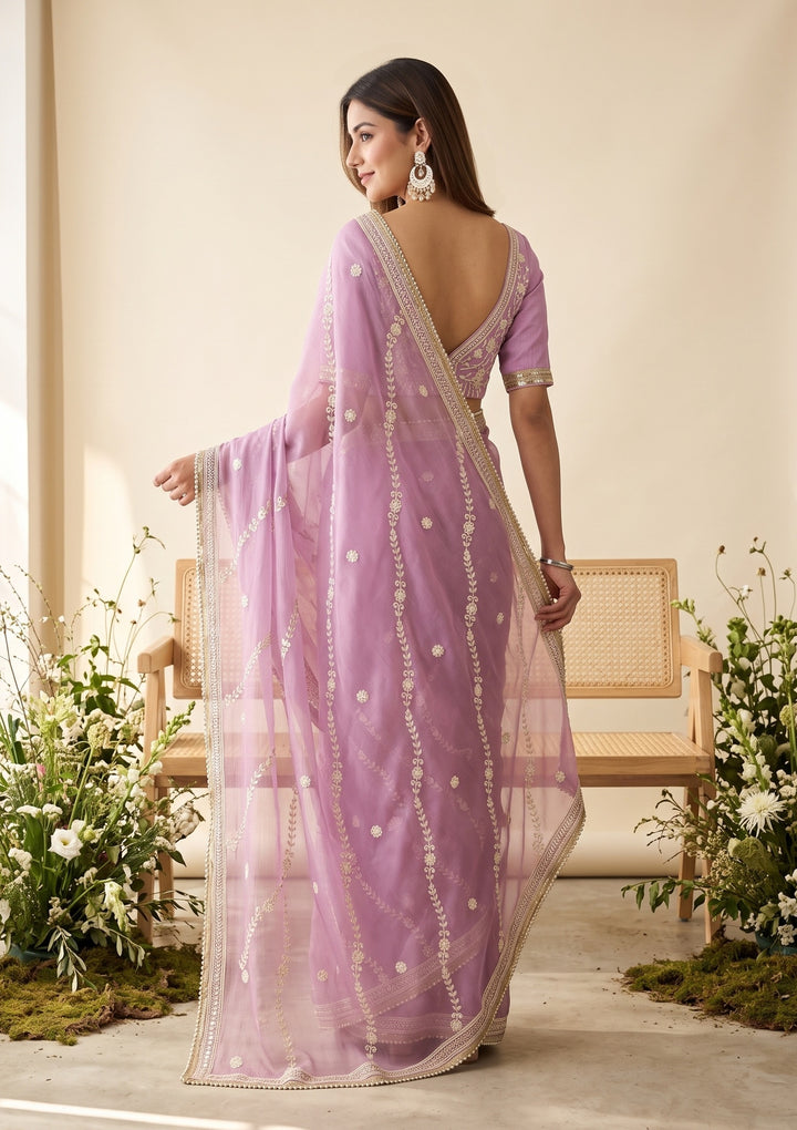 Lavender Threadwork Georgette Saree