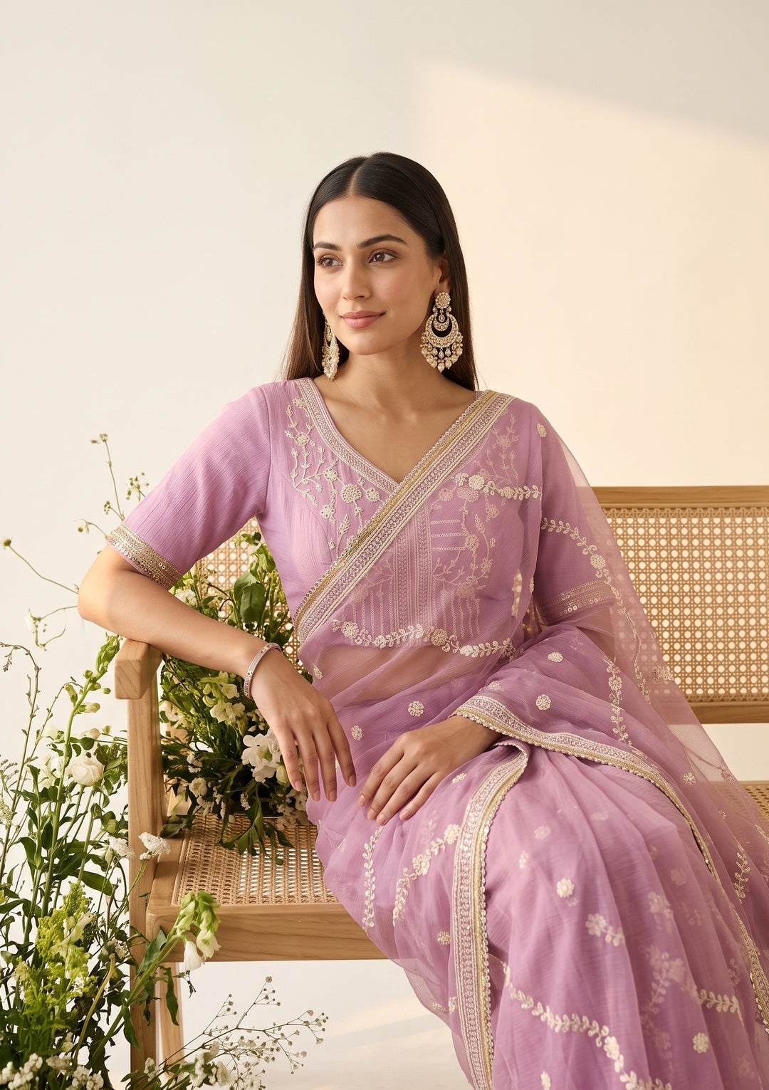 Lavender Threadwork Georgette Saree