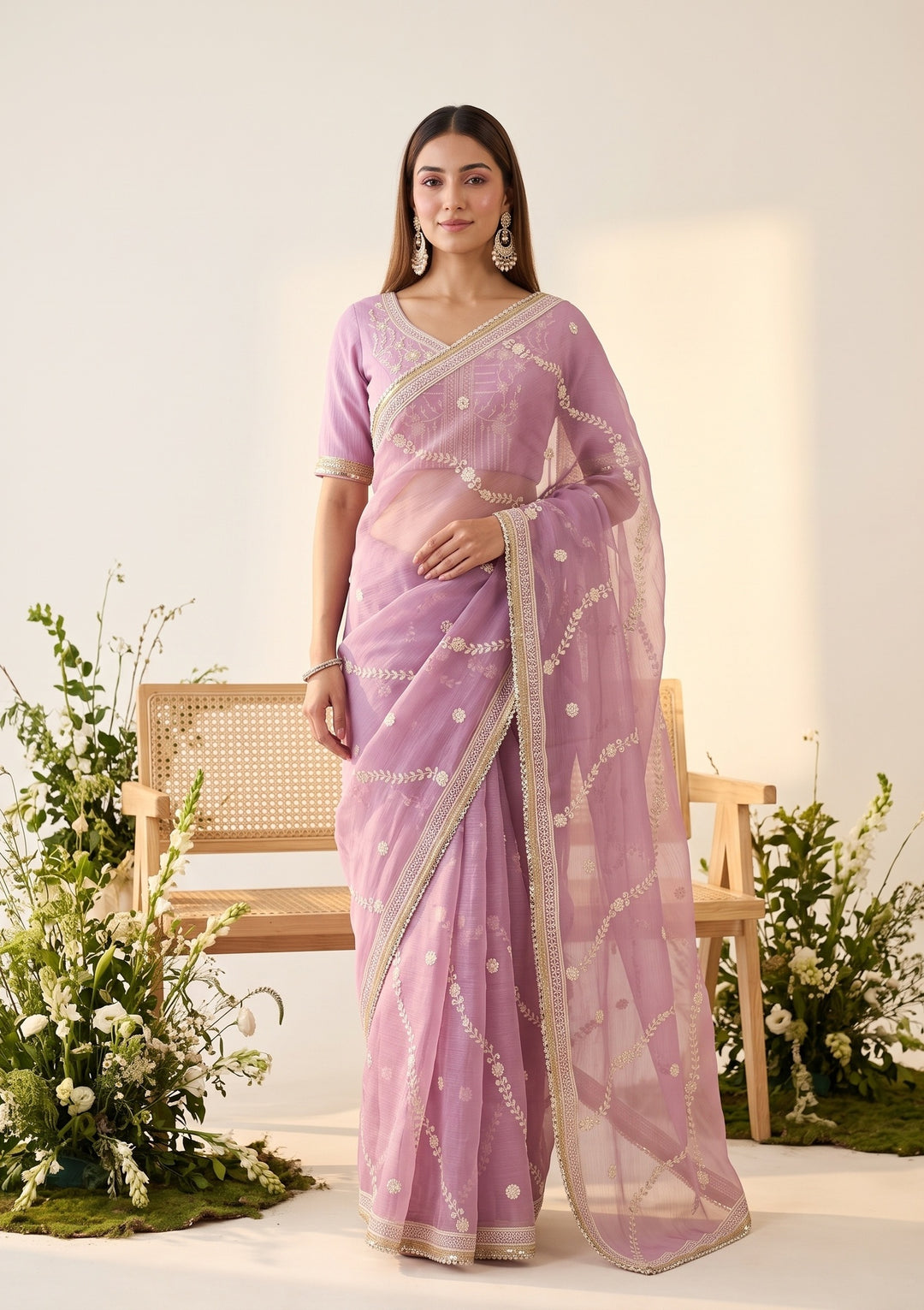 Lavender Threadwork Georgette Saree