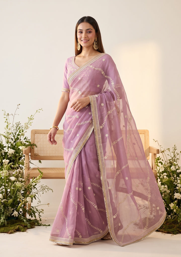 Lavender Threadwork Georgette Saree