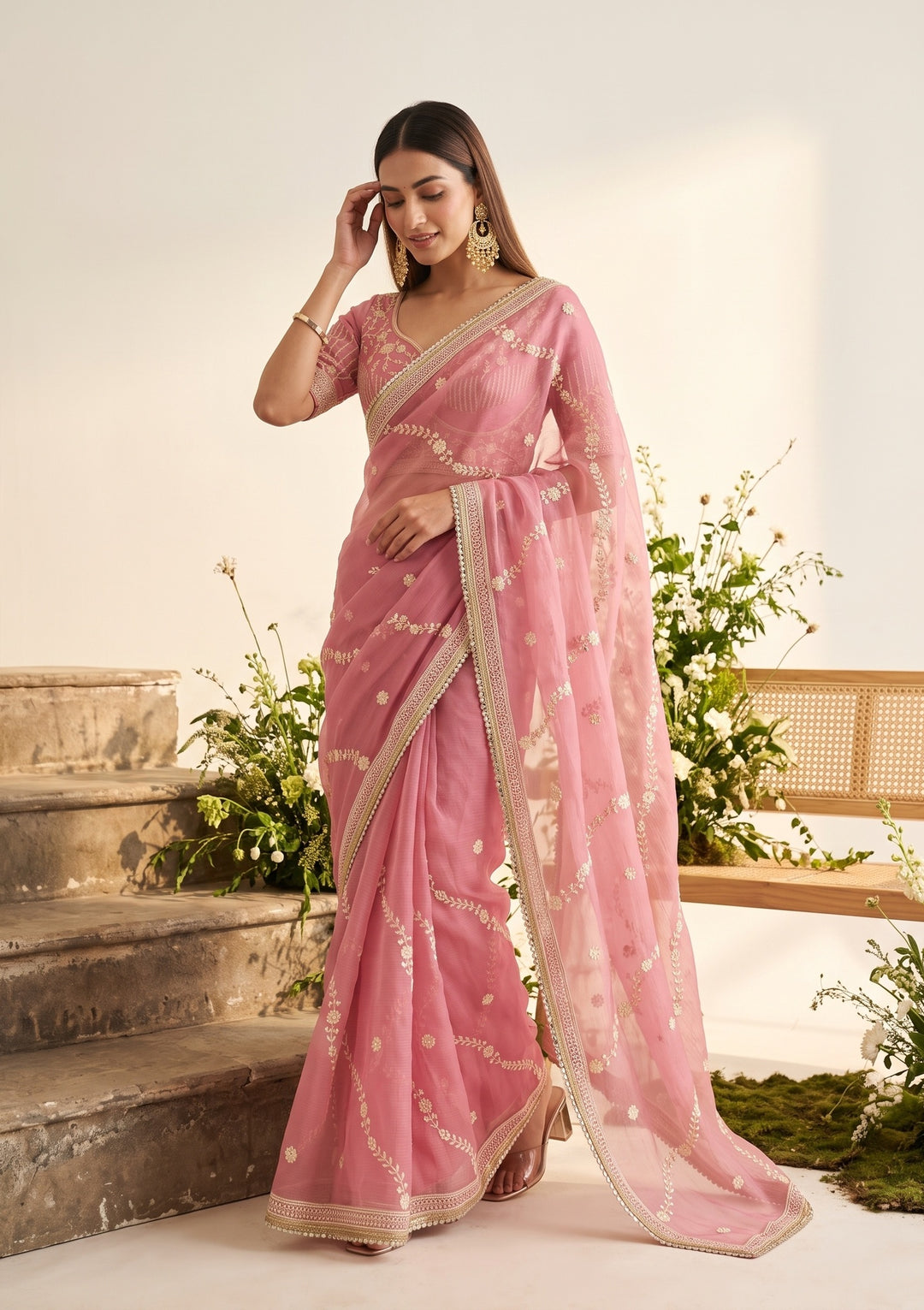 Pink Threadwork Georgette Saree